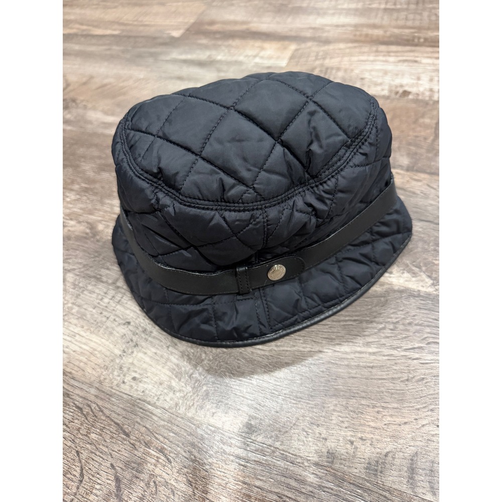 Coach Black Quilted Bucket Hat Leather Trim Logo Button Monogram Lining M/L